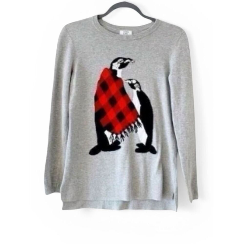 Crown & Ivy Women Penguin Sweater Gray Sequin Plaid Cozy Knit Size M NWT